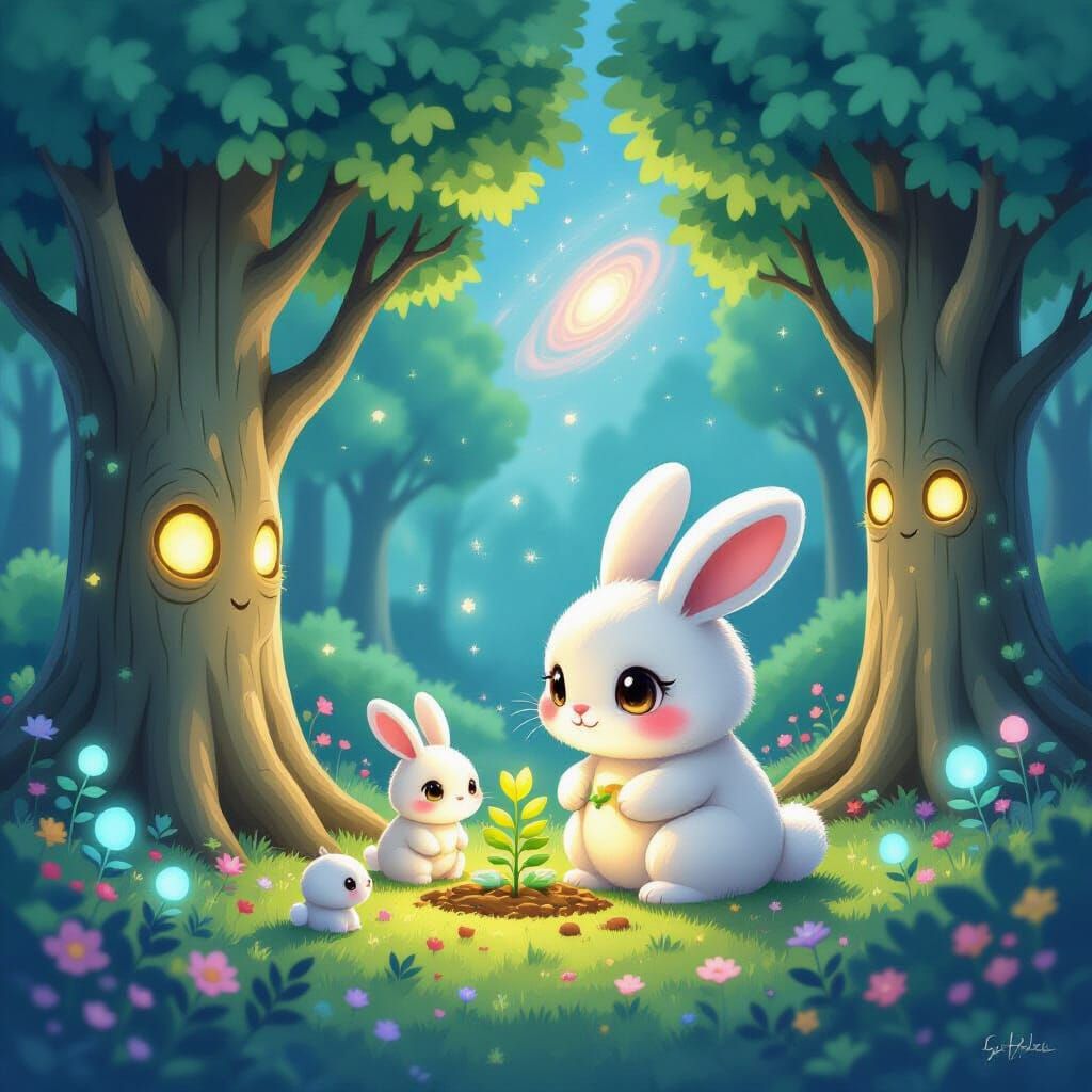 Fluffy Rabbit Tends Garden of Glowing, Sentient Trees