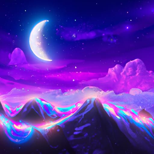Iridescent Fantasy Mountain Landscape Under Starry Sky