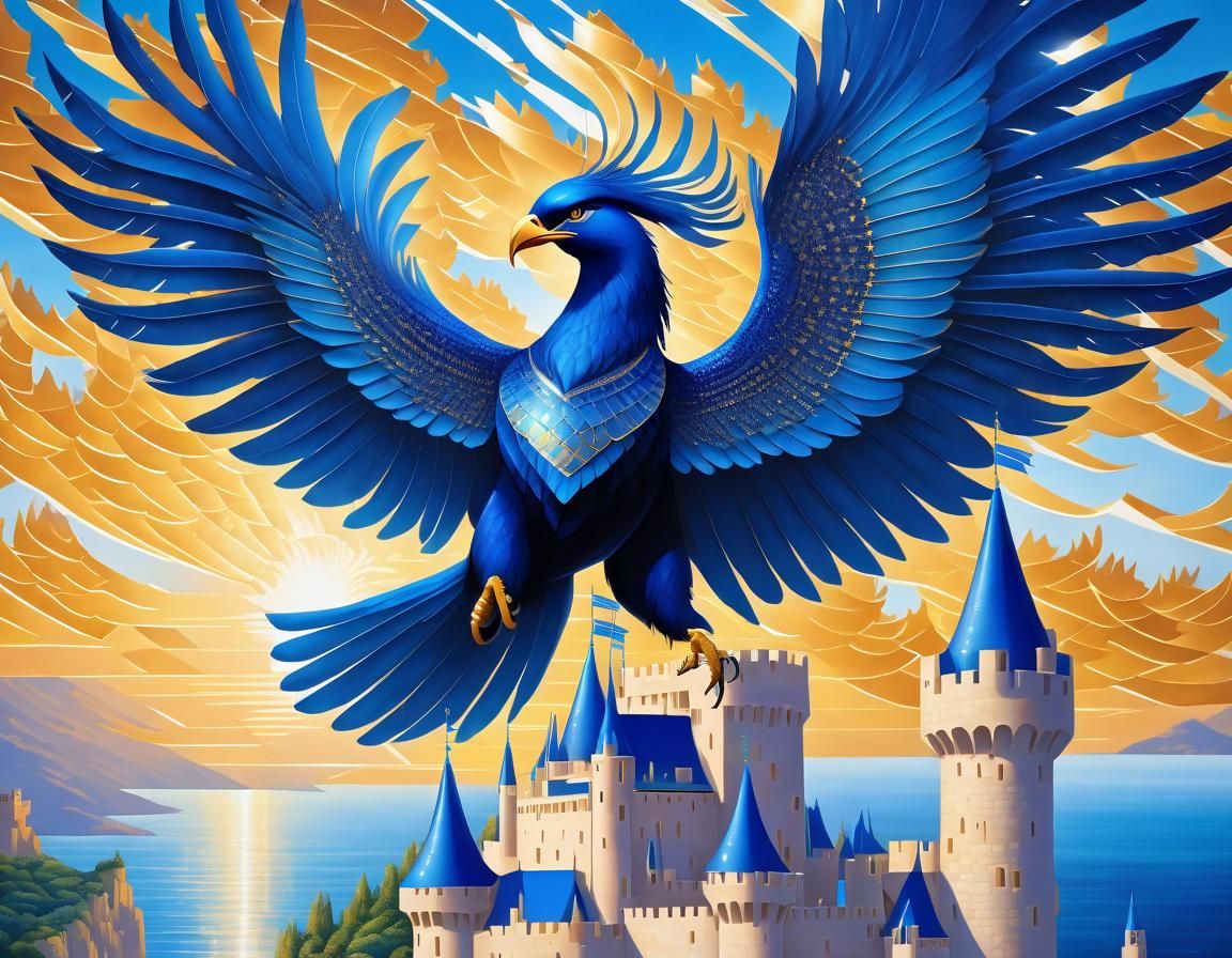 Blue Phoenix Soaring Over Cerulean Castle