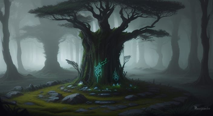 Mysterious Rune-Covered Stone in Ethereal Forest Light