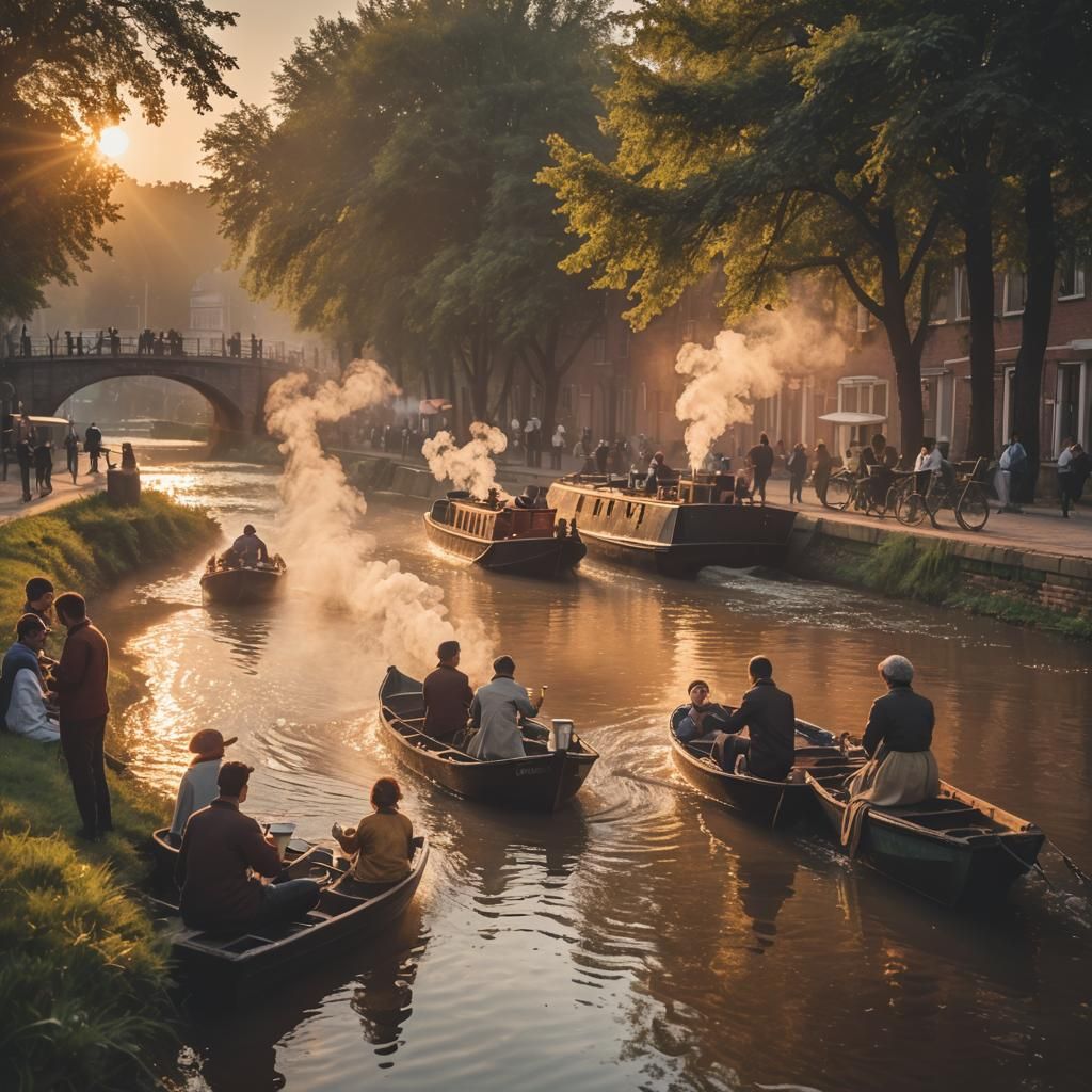 Picturesque Canal Sunset Scene with Tea Drinkers