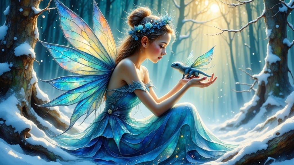 Fairy and Baby Dragon in Snowy Forest