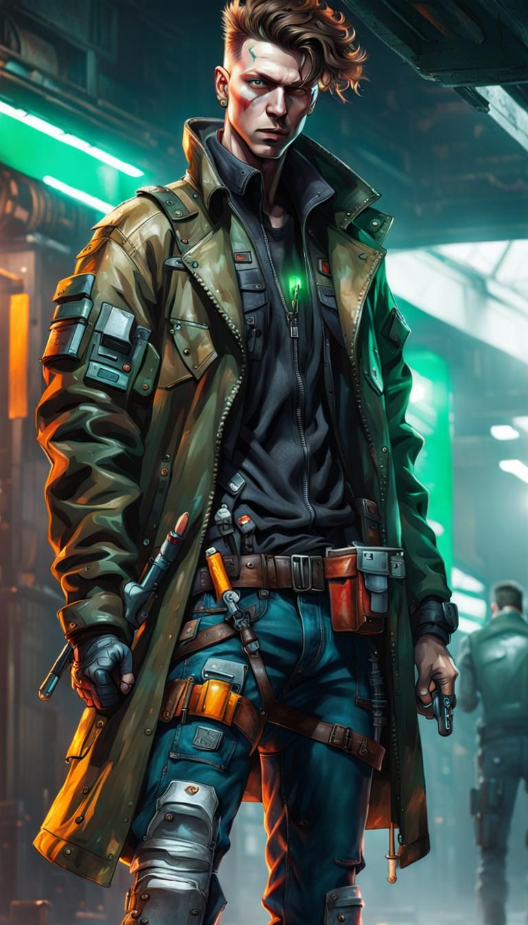 Cyberpunk red tech male young western European short brown curly hair green eyes clean shaved face wearing cyberpunk jac...