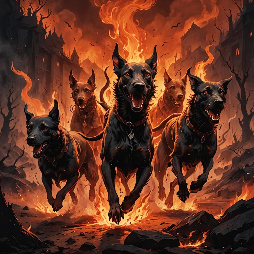 Hellish Hounds Run Through Fiery Landscape
