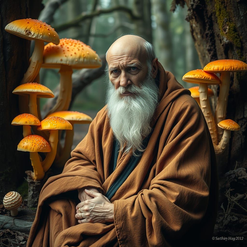 Sage Hermit Among Bioluminescent Fungi in Earthy Double Expo...