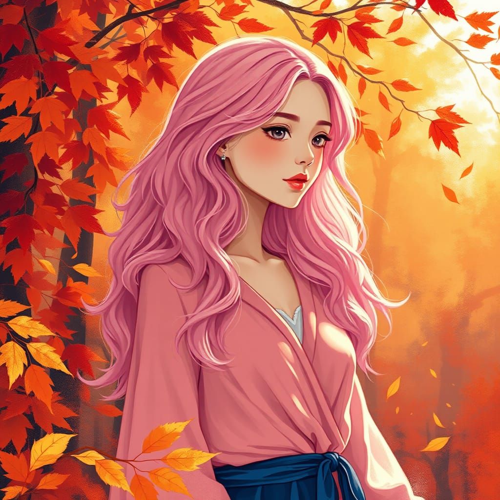 Autumn Forest Woman in Anime Expressionist Style