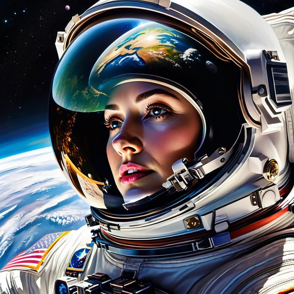 Earth Reflection in Astronaut Helmet, Hyperrealistic Space A...