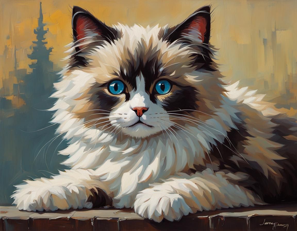 Adorable Ragdoll Cat in Retro Oil Painting