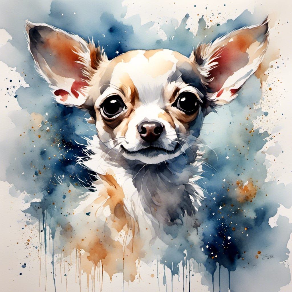 Watercolor Chihuahua Puppy Portrait with Stars