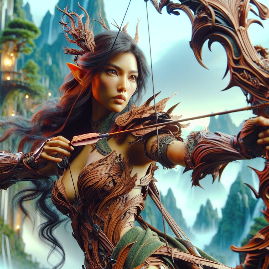 Elven Archer in Bark Armor, Fantasy Matte Painting