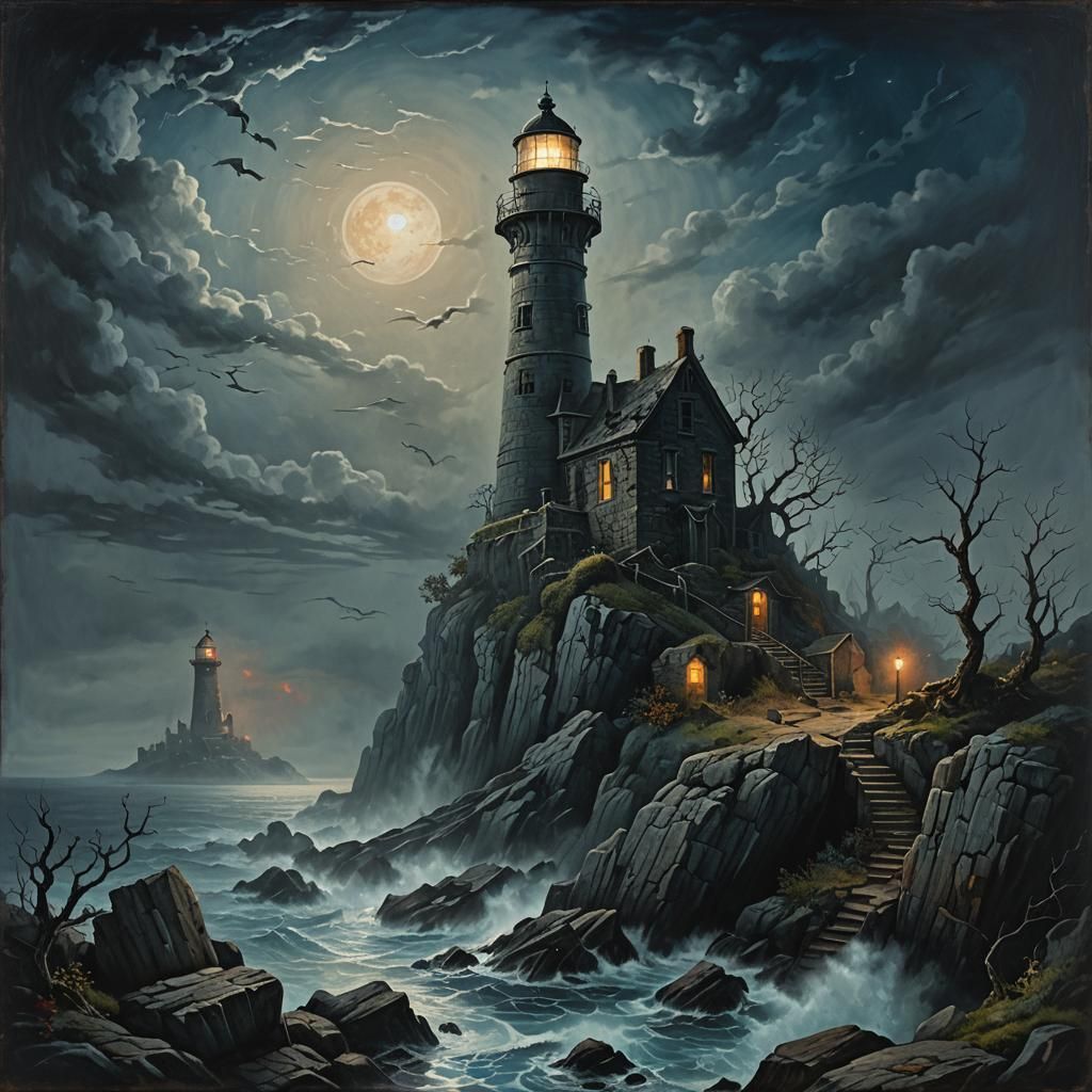 Eerie Gothic Lighthouse Under Blood Moon