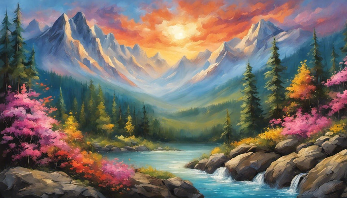 Colorful Mountain Landscape Painting with Waterfalls and Cab...