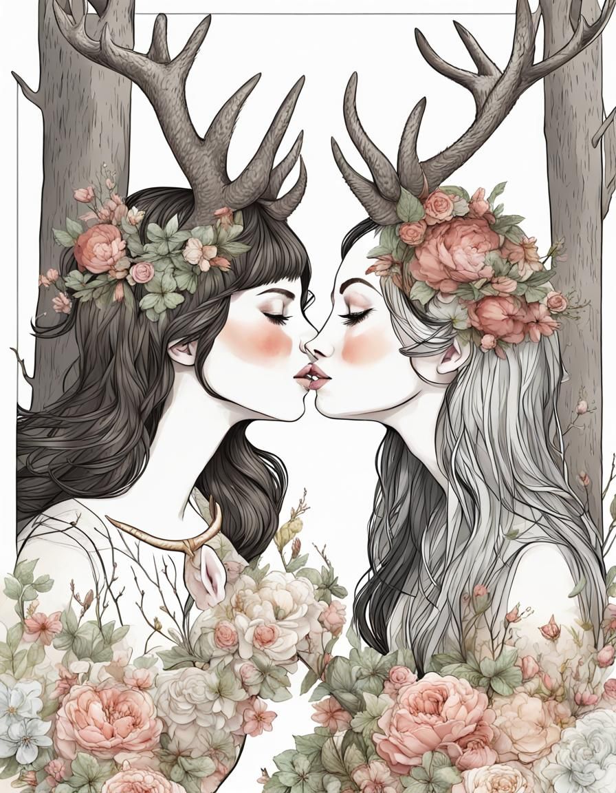 Horned Girls Kissing in a Spring Forest