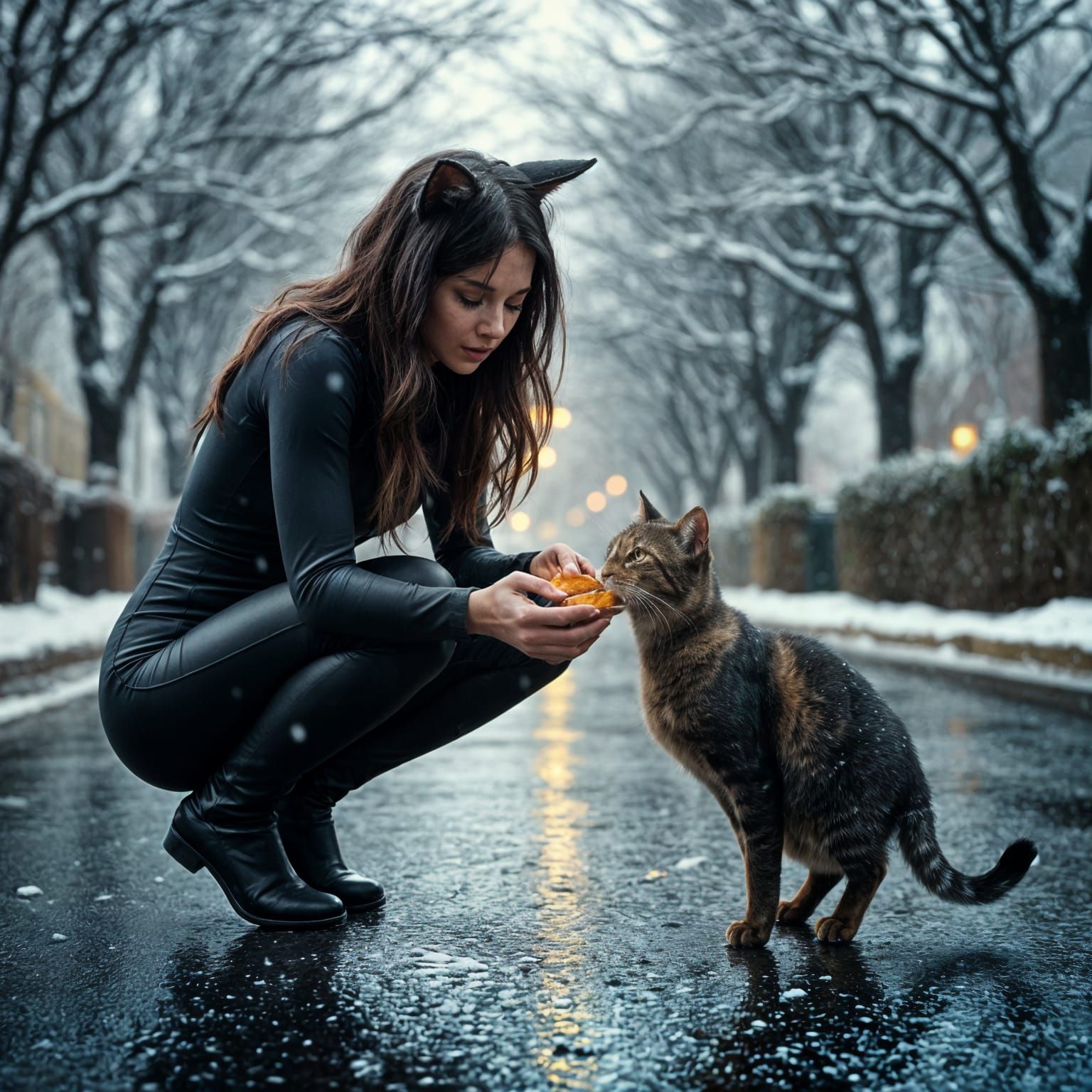 The superhero Cat-woman, shows empathy as she squats on a wet road gently offering food to a slightly damp stray cat in ...
