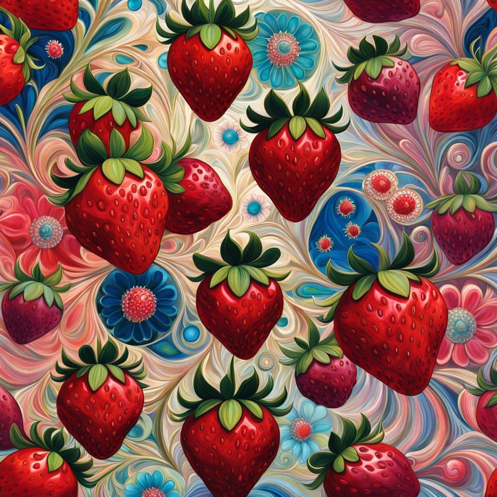 Abstract Strawberries in Kaleidoscopic Art Style