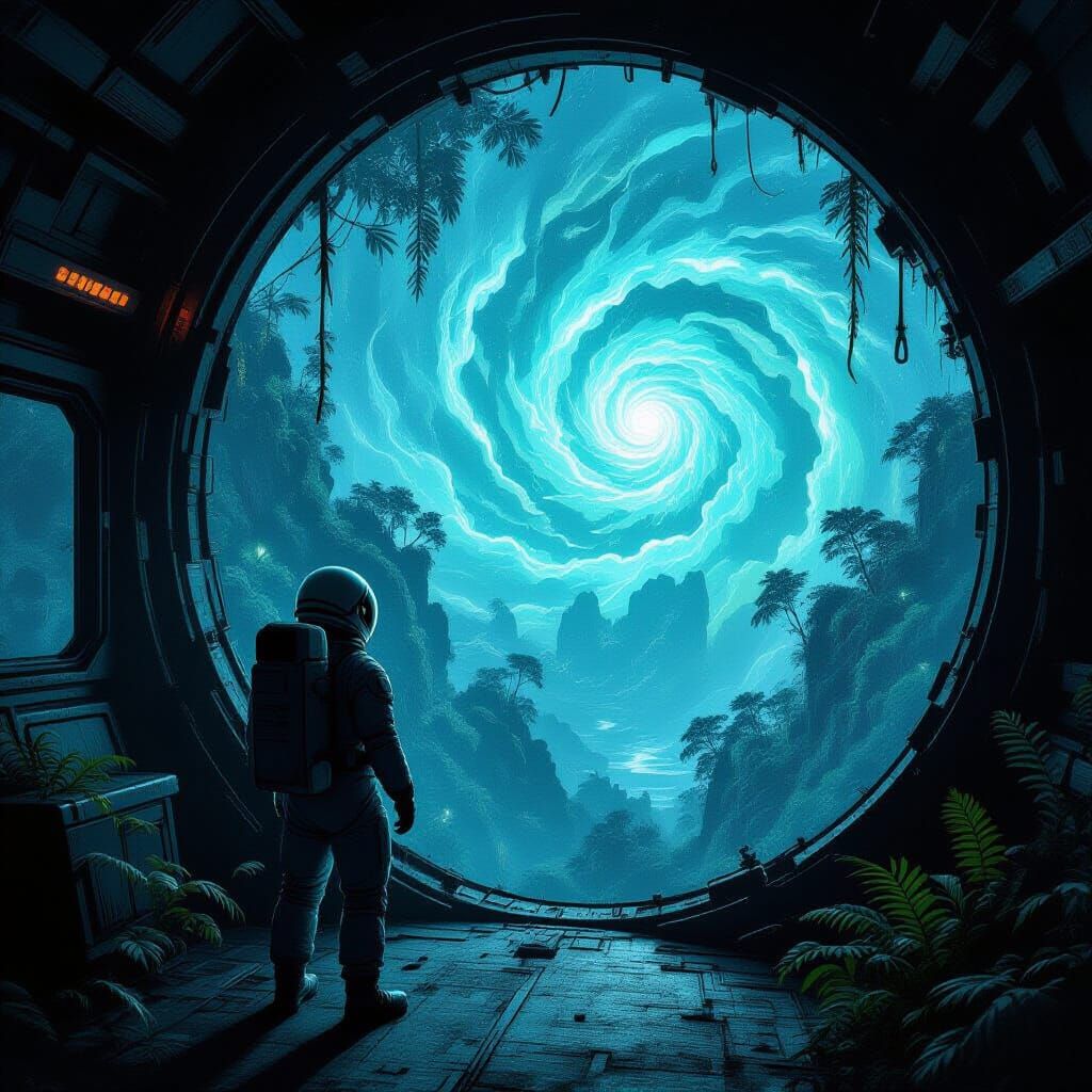 Astronaut Gazes at Alien Jungle in Charcoal Drawing Style