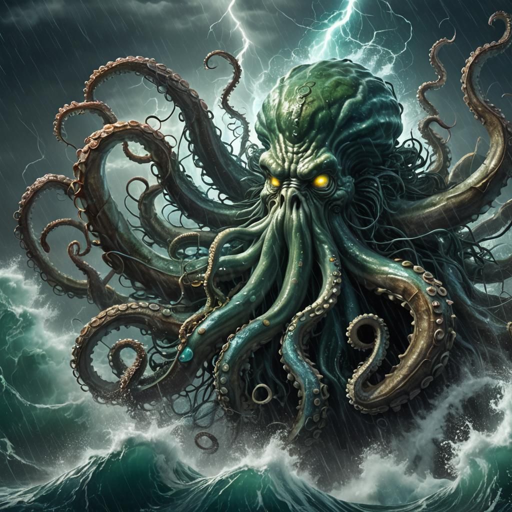 Poseidon's Epic Clash with Bioluminescent Octopus