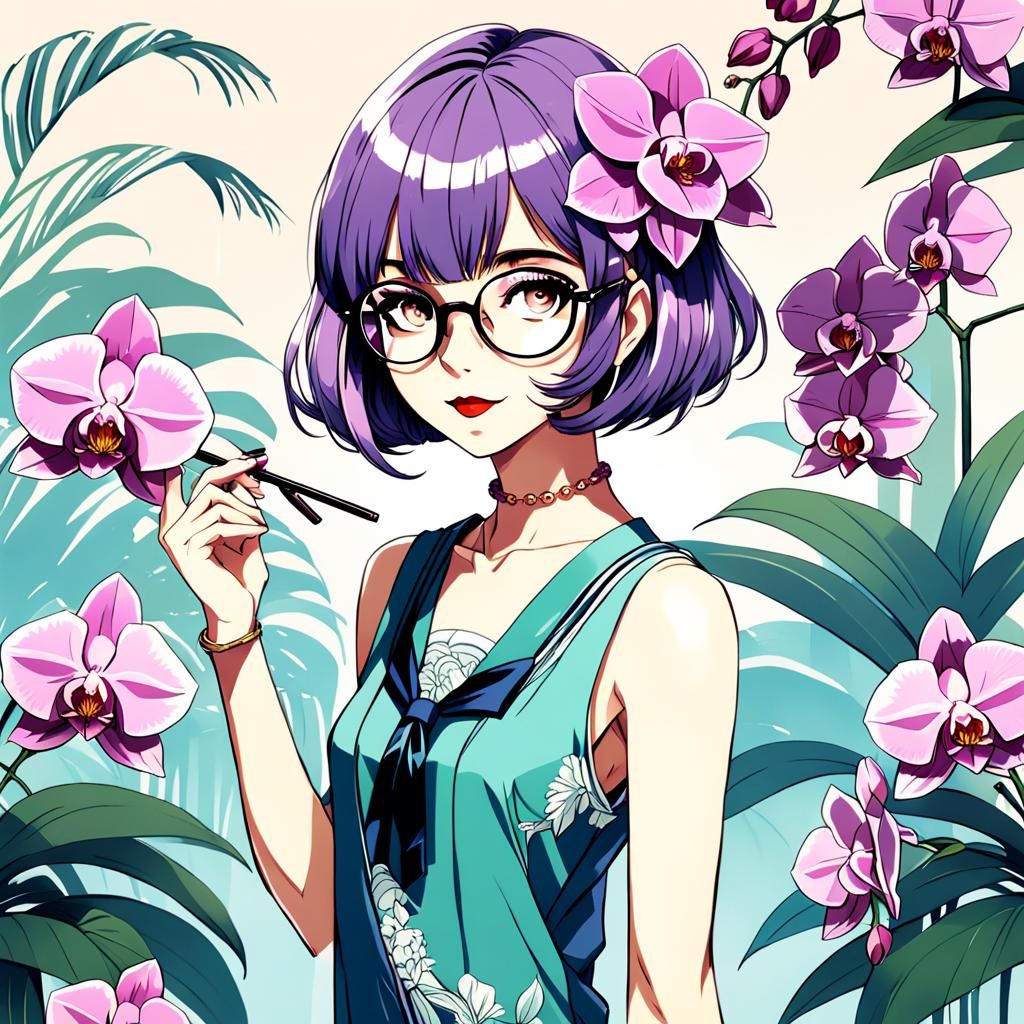 Anime Woman with Orchid in Art Deco Style