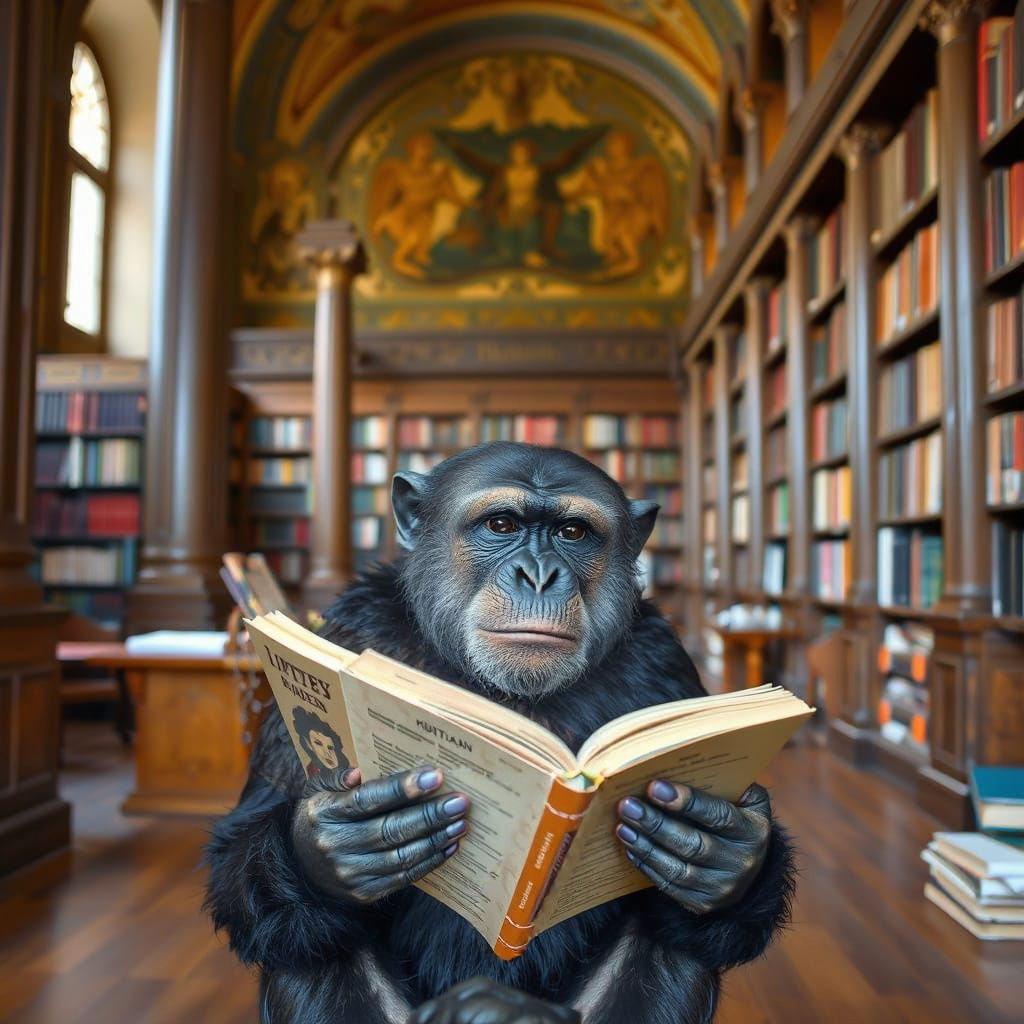 Chimpanzee Reader in Prague Library
