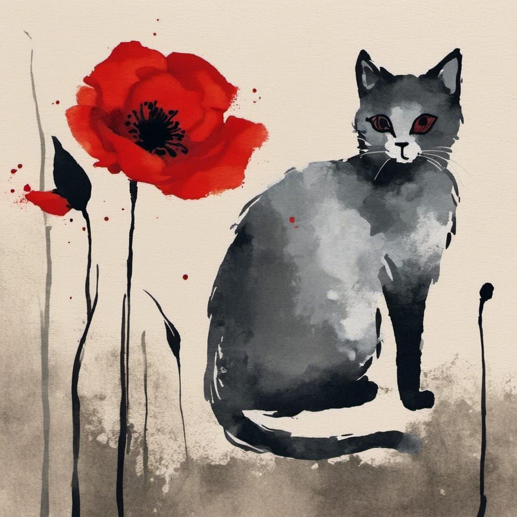 Minimalist Japanese Ink Cat with Poppy Flower