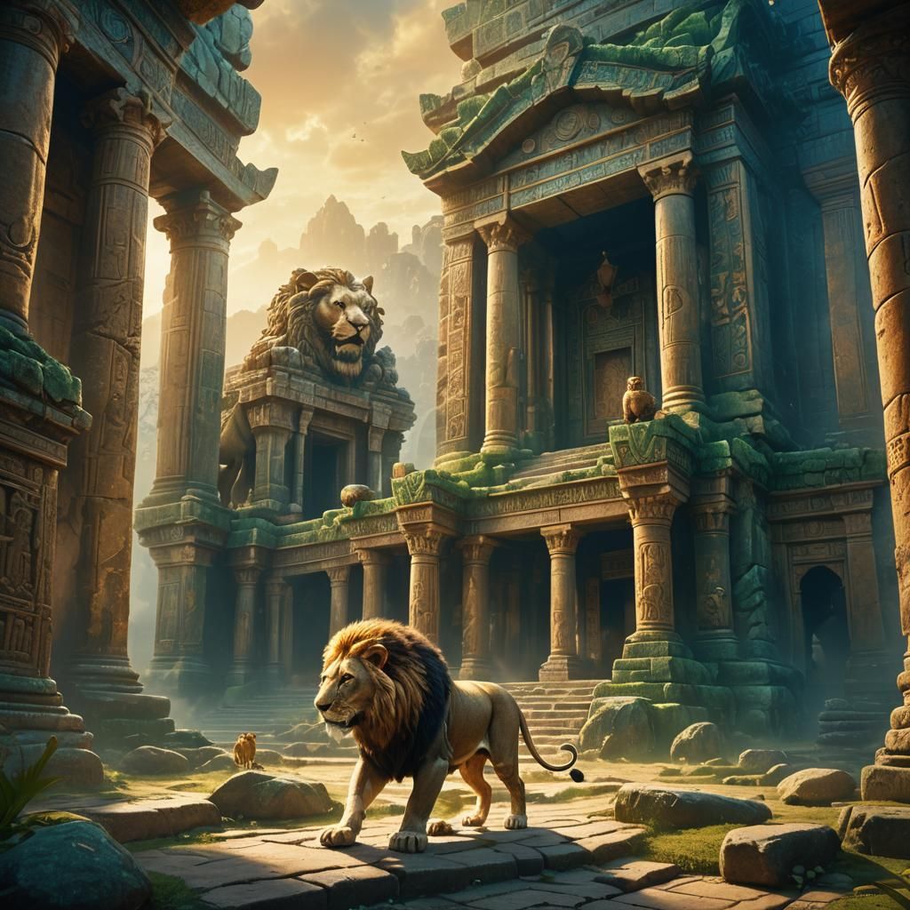 Mouse Chasing Lion in Ancient Temple: Digital Matte Painting