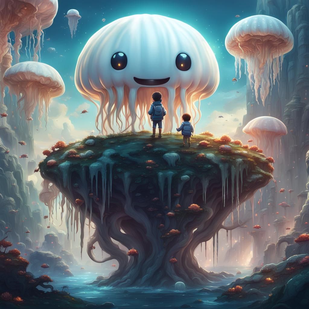 Chibi Child Rides Giant Jellyfish in Fantasy Art