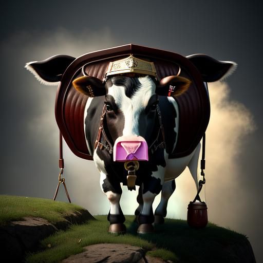 Cartoon Cow Guarding Cowbell Fantasy Art