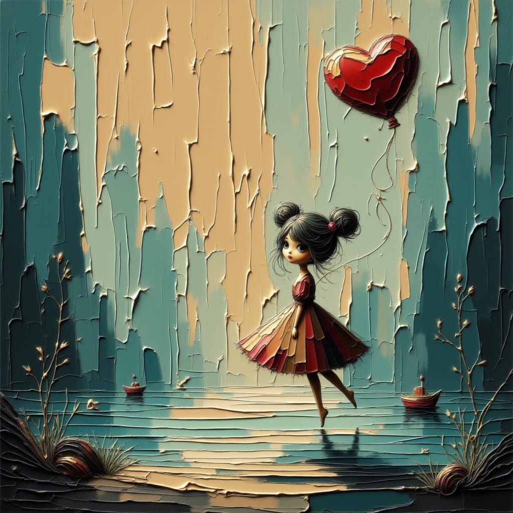 Girl with Heart Balloon in Golden Hour Pond