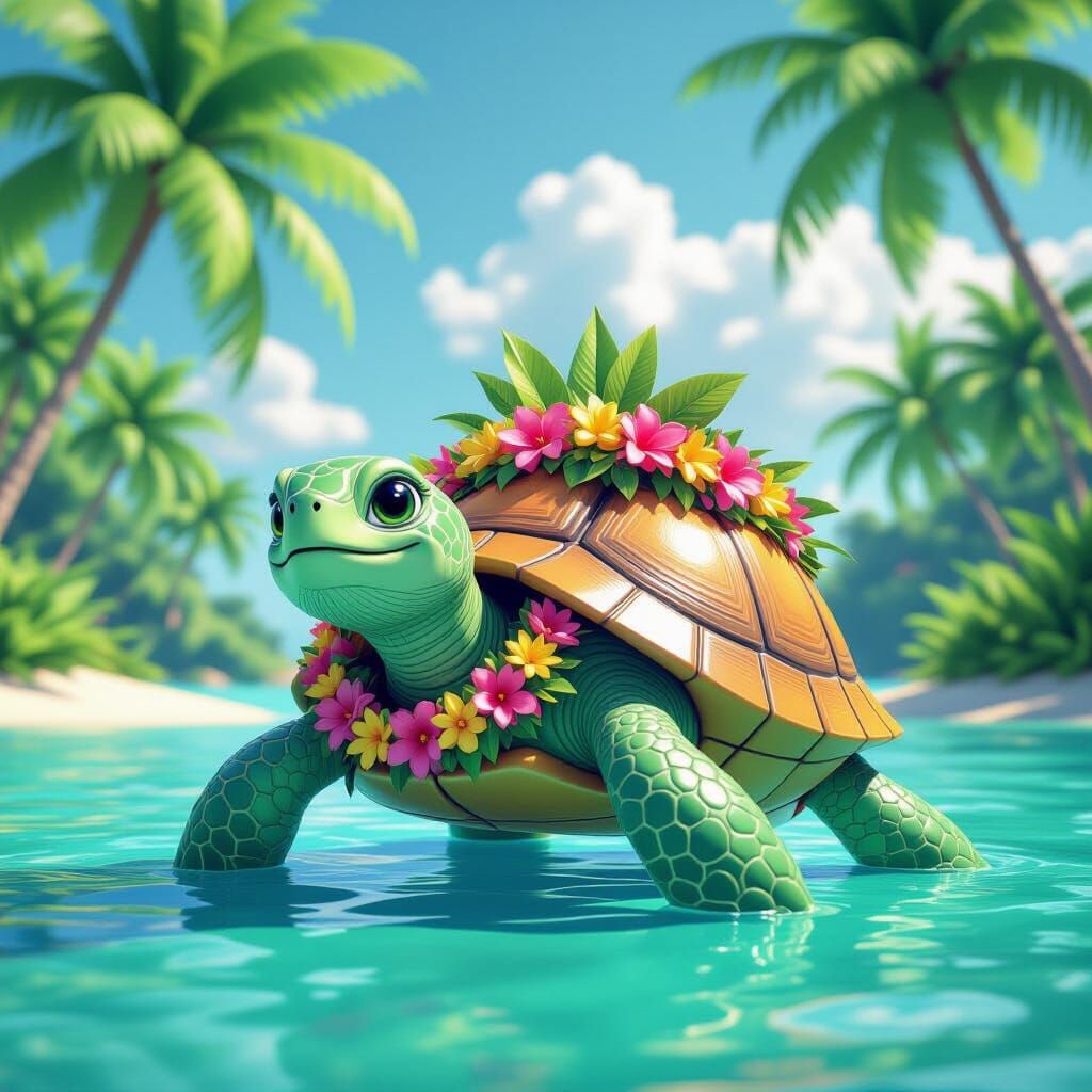 Tropical Island Turtle in 3D Anime Style