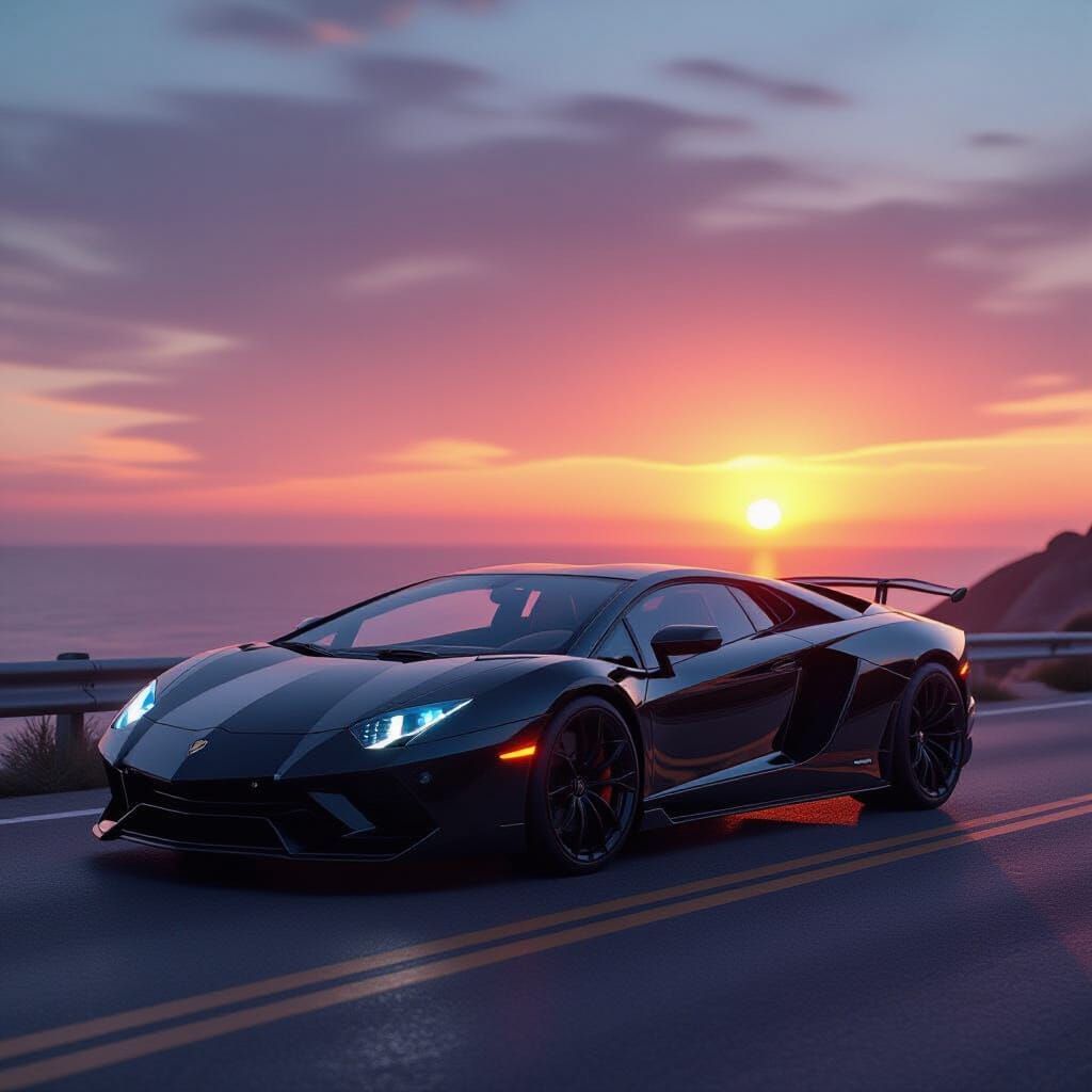 Sleek Black Lamborghini on Coastal Highway at Sunset