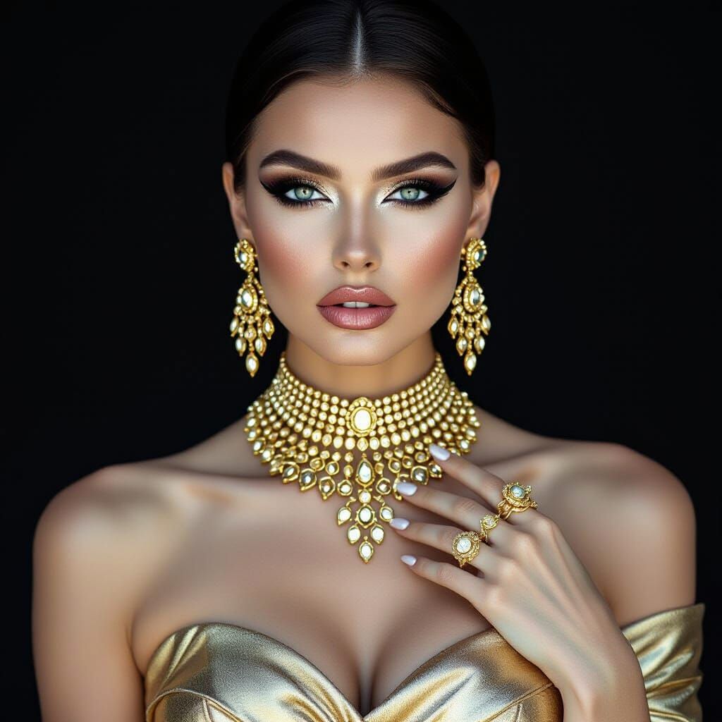 High-Fashion Gold Portrait with Dramatic Makeup
