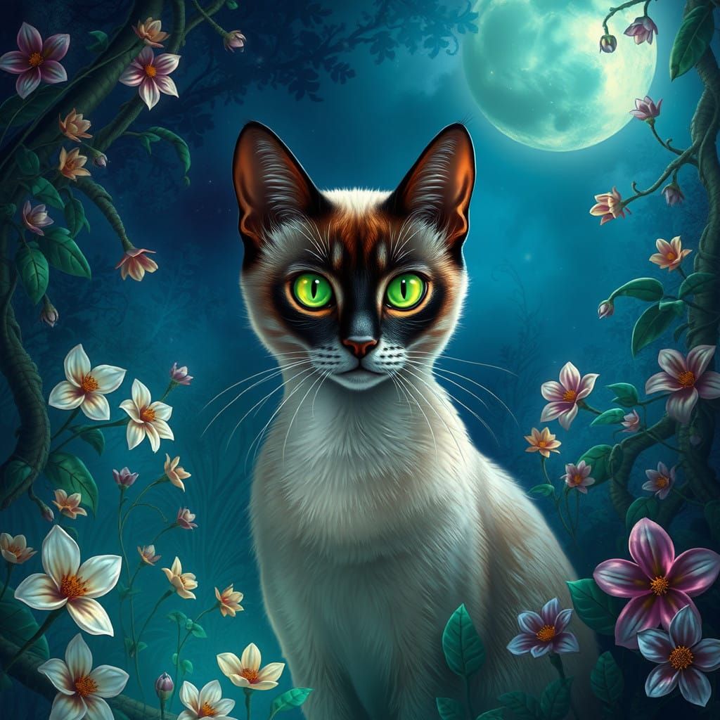 Regal Siamese Cat in a Mystical Forest