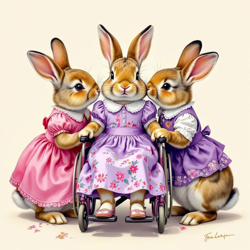 Heartwarming Bunnies in Wheelchair, Pop Art Style