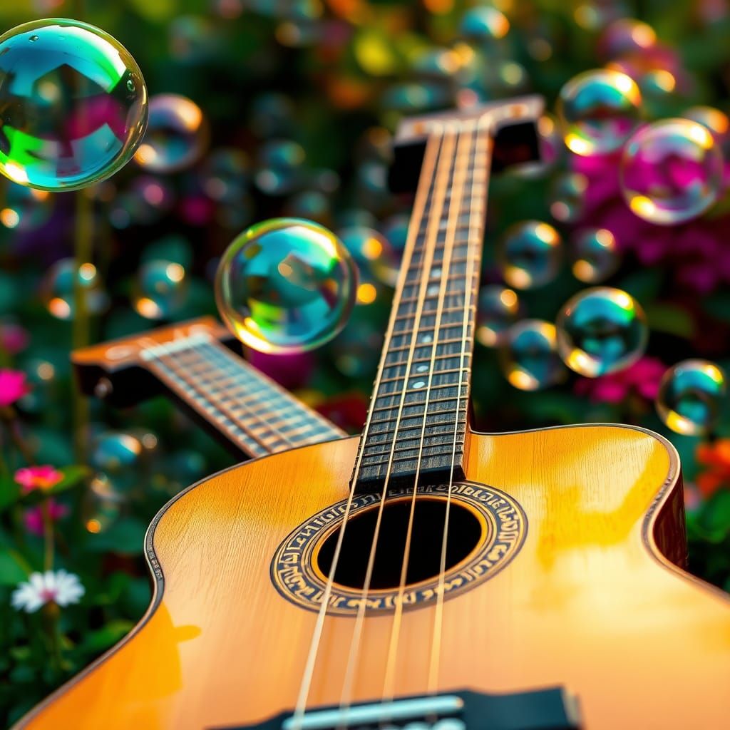 Classical Guitar in Bubble Garden, Art Nouveau Style