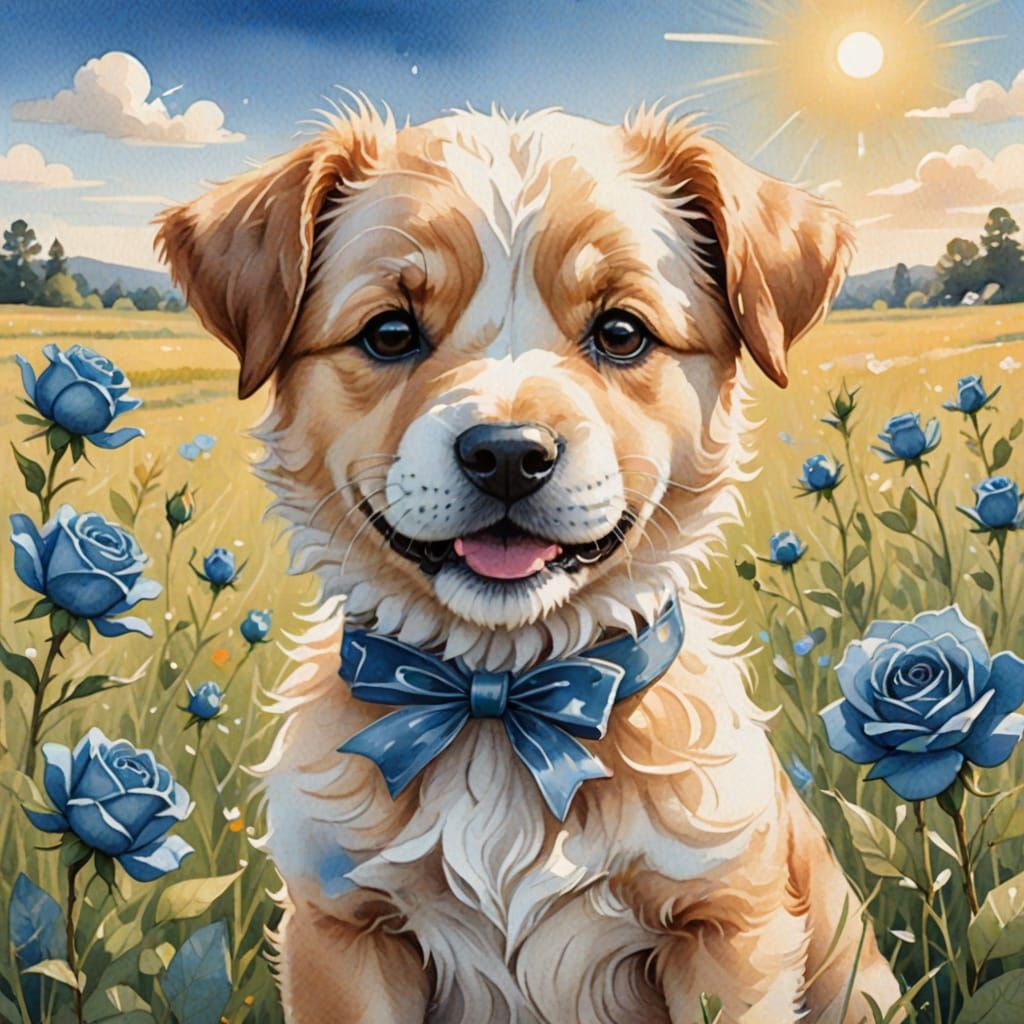 Heartwarming Watercolor Dog with Blue Rose in a Field