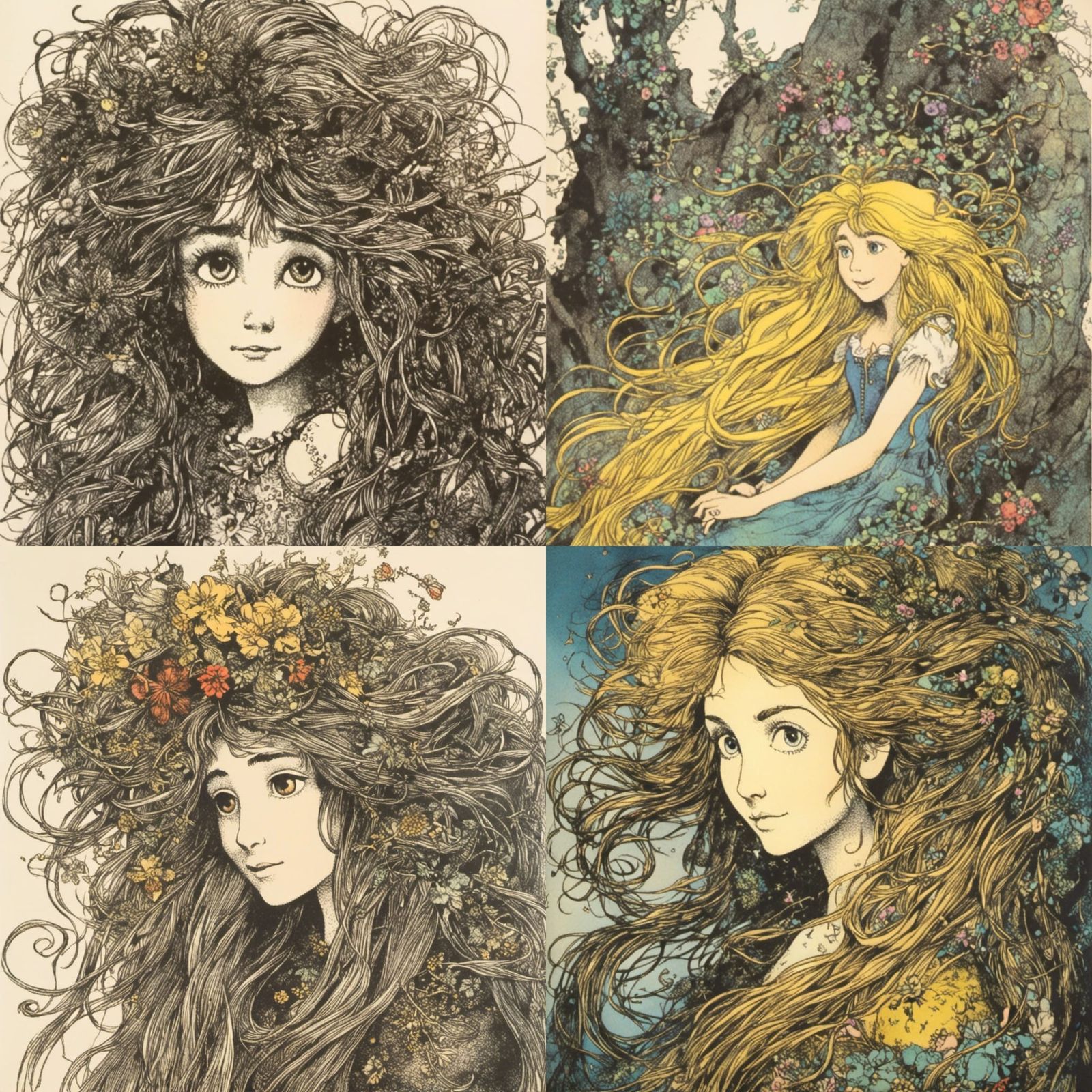 Rapunzel with Messy Hair in Surrealist Style