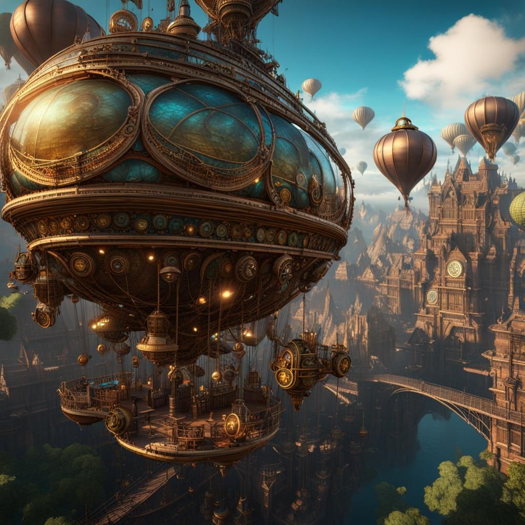 Steampunk Airships with Mechanical Peacock Feathers