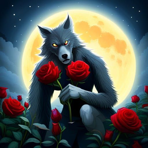 Gothic Cartoon Werewolf in Crimson Rose Garden