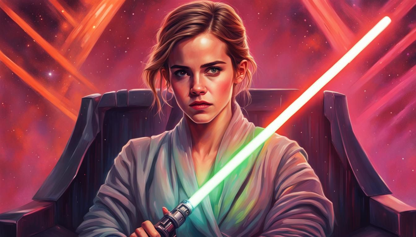 Emma Watson with Lightsaber on Throne