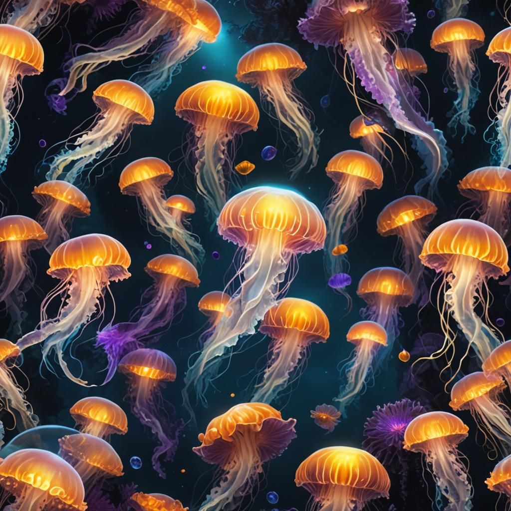 Glowing Jellyfish and Diver in Bioluminescent Ocean