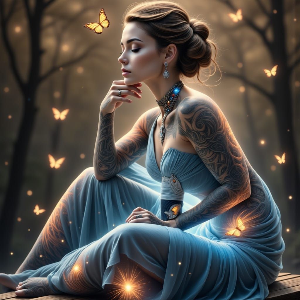 Woman with Glowing Tattoos in Mystical Setting