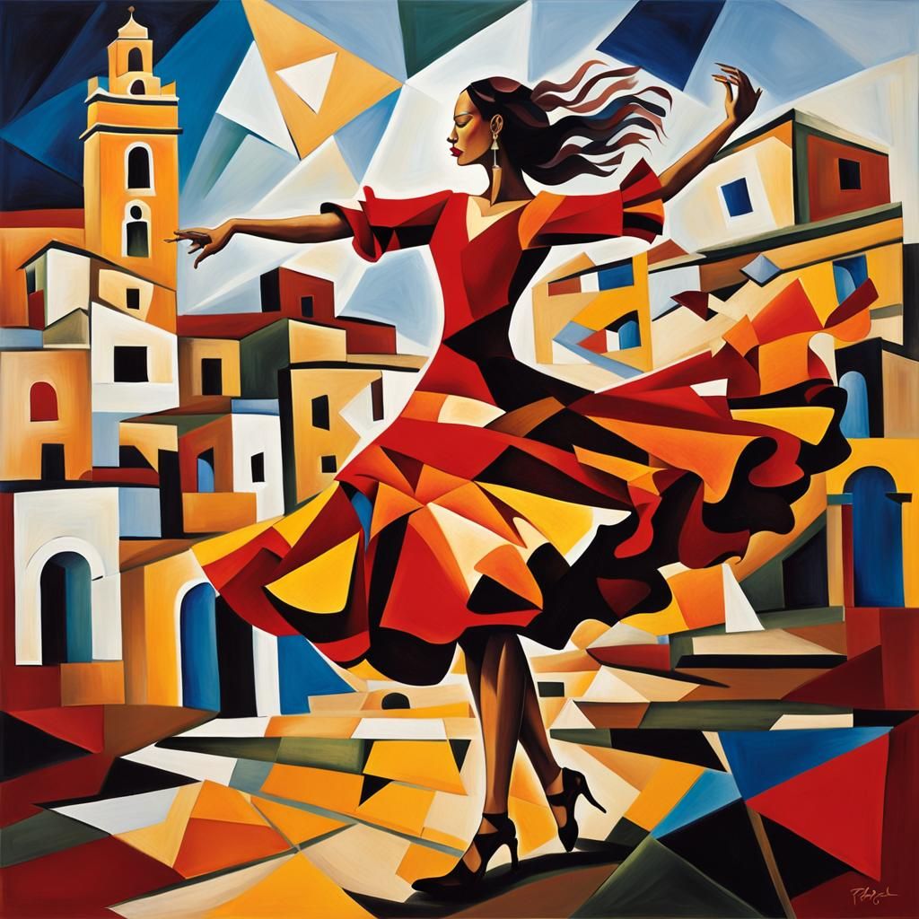 Flamenco Dancer in Cubist Andalusian Cityscape