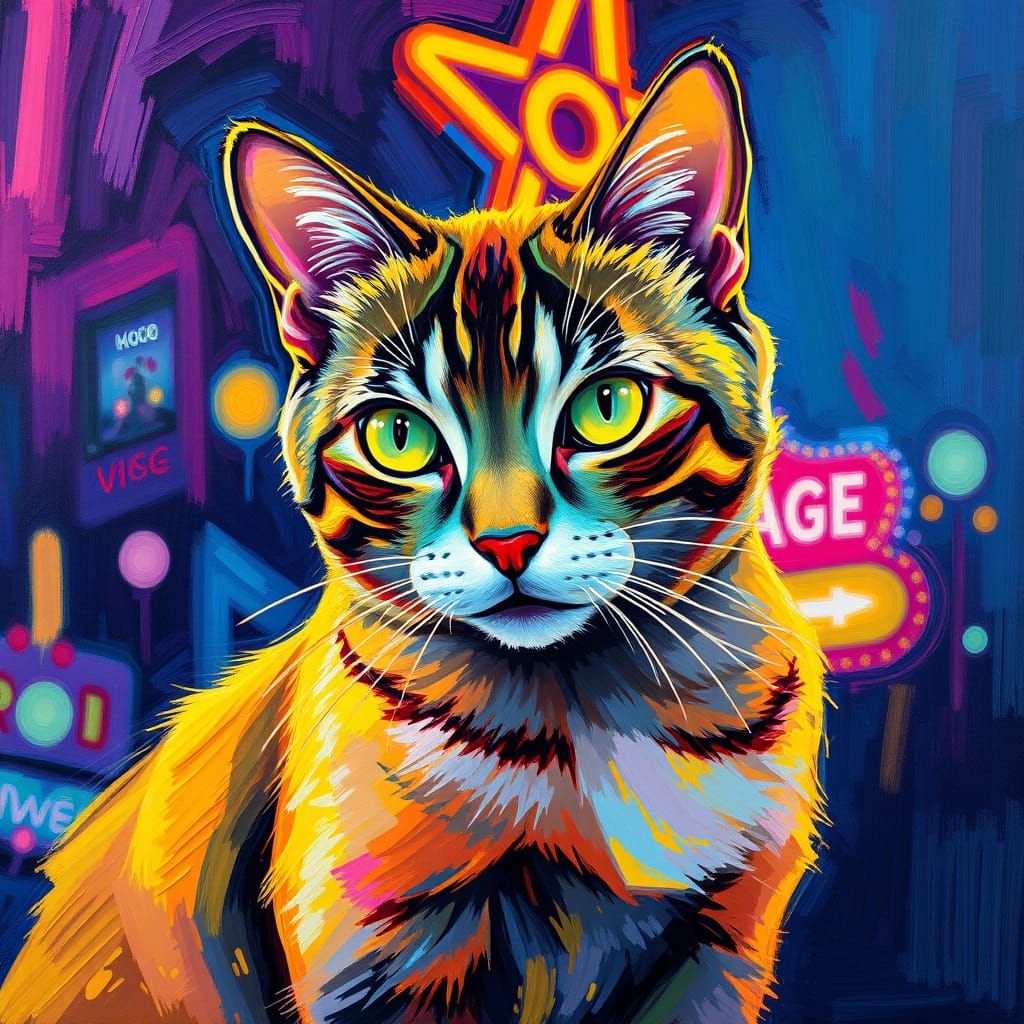 Neon Vegas Cat in Neo-Impressionist Style