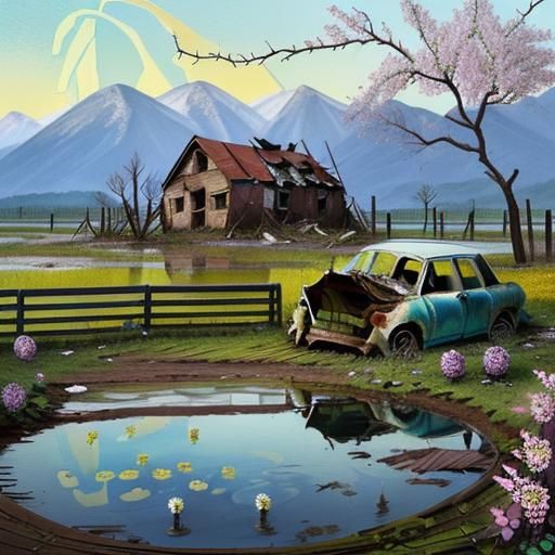 Abandoned Farmhouse in Gouache Style Watercolor