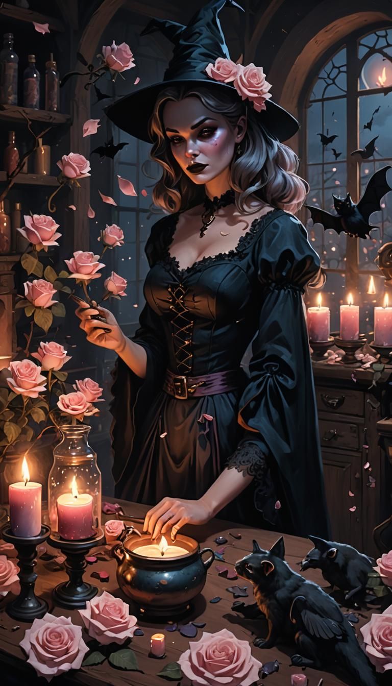 Chubby Witch Brews Potions with Roses and Bats