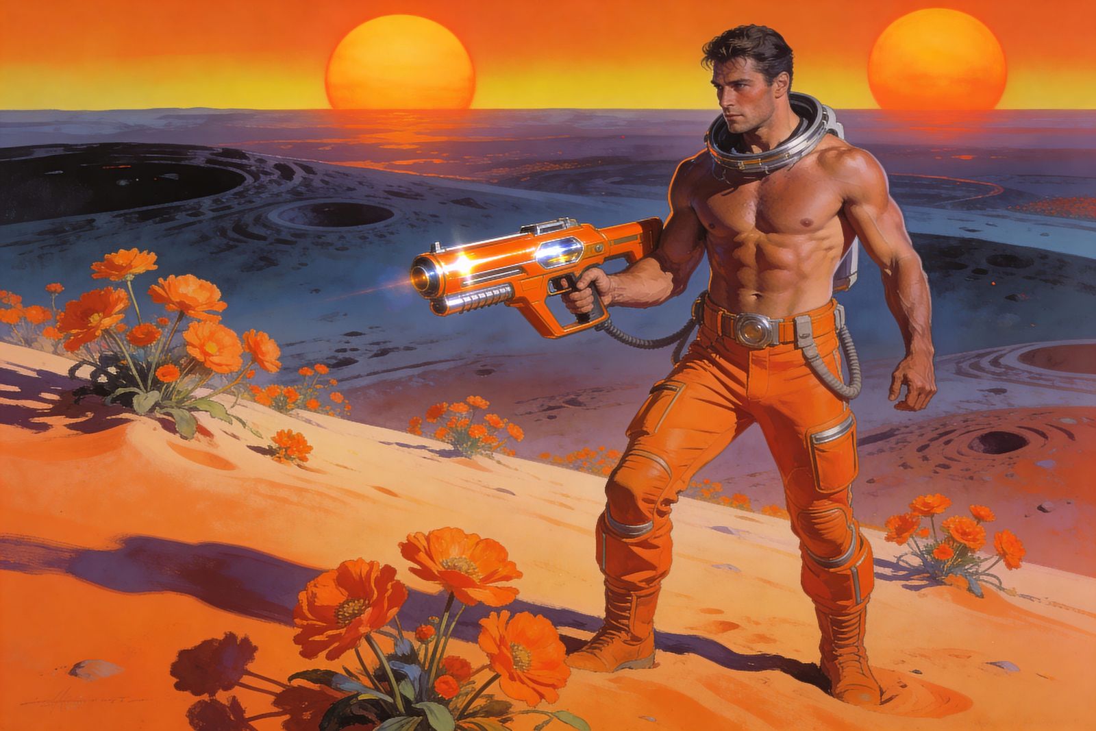 Handsome Astronaut on Alien Planet in Retro-Futurism Style