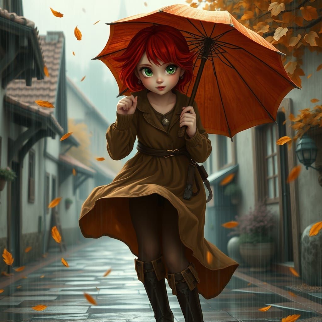 Red-Haired Girl Fighting the Wind, Matte Painting Style