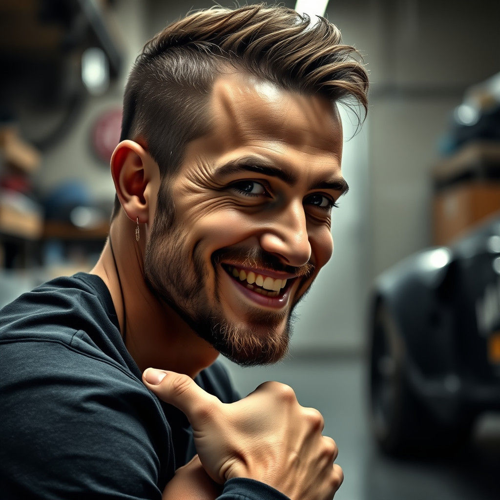 Handsome Man Smiling in Garage, Hyperrealistic Image