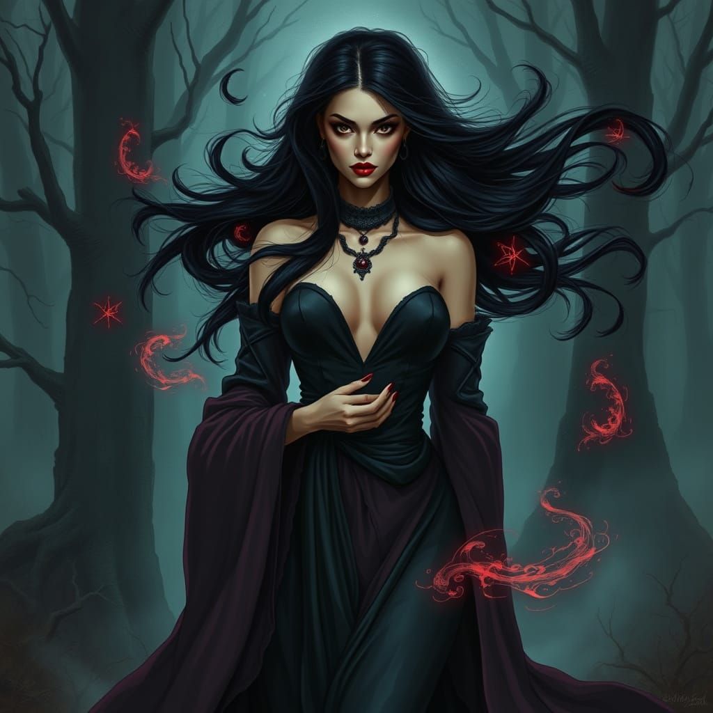 Mystical Sorceress in a Haunting Forest Scene