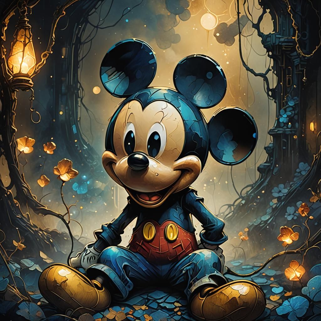A stylized Mickey Mouse character sits in a haunting, dark, atmospheric environment.